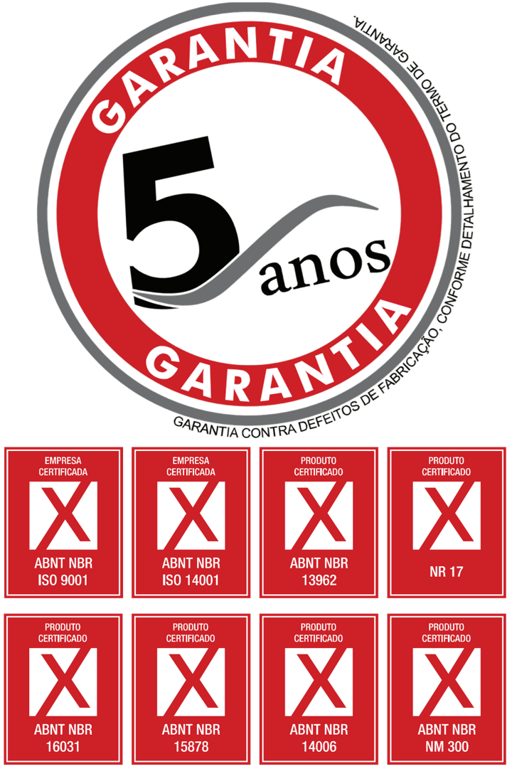 Selo de garantia de 5 anos e certificações ABNT NBR ISO 9001, ISO 14001, 13962, NR 17, 16031, 15878, 14006 e NM 300 dos produtos Plaxmetal